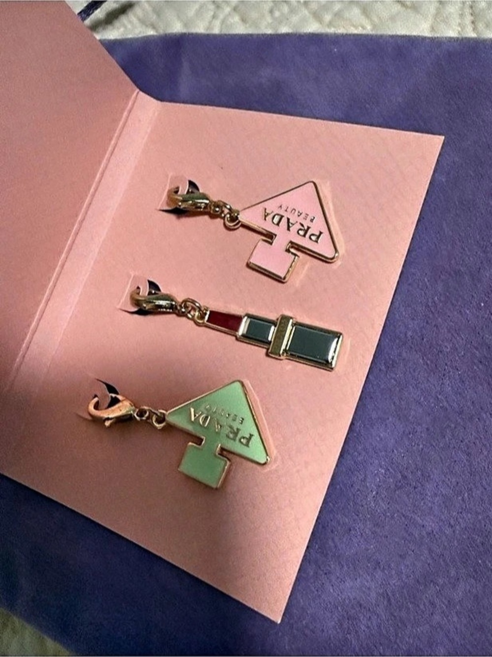 Prada Beauty 3 Charm Set in Pink & Gold NWT
